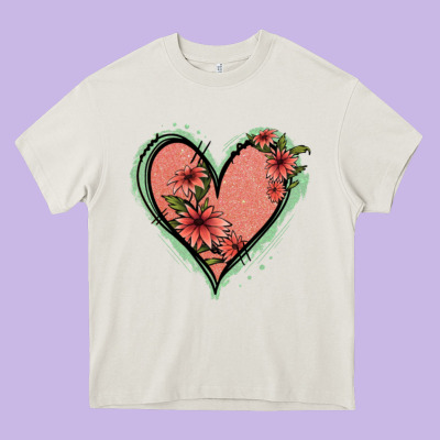Pink Glitter Floral Heart Heavy Core Tee Designed By Jasminsmagicworld
