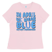 Bubblegum Pink in april we wear blue autism awareness Ladies Tee - MaliasSmallBusiness