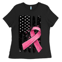 Black breast cancer ribbon american flag Ladies Tee - MaliasSmallBusiness