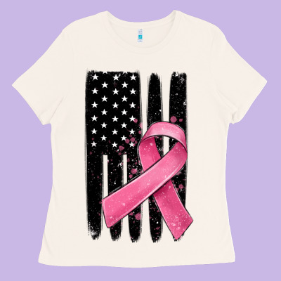 Breast Cancer Ribbon American Flag Ladies Tee Designed By Maliassmallbusiness