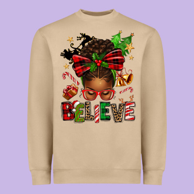 Christmas Believe Afro Messy Bun Heavyweight Sweatshirt Designed By Texasbilliewilder