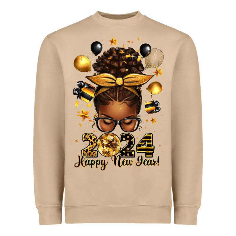 2024 Happy New Year  Afro Messy Bun Heavyweight Sweatshirt by texasbilliewilder | Teevron