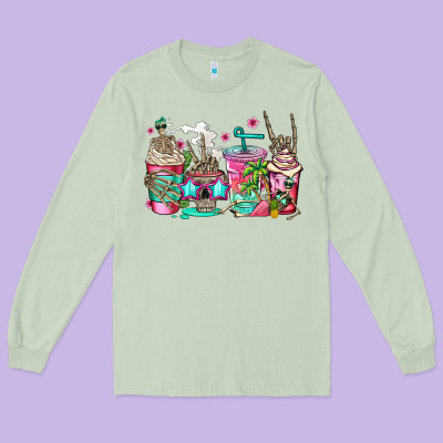Skeleton Summer Coffee Cups Long Sleeve Tee Designed By Jasminsmagicworld