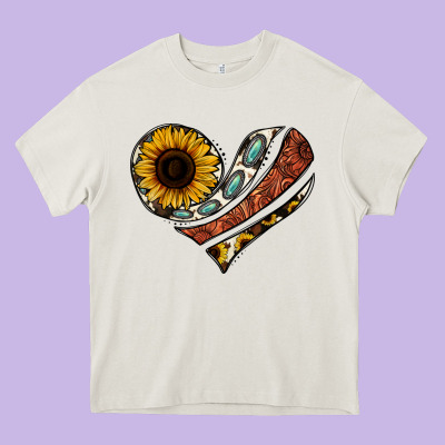 Western Sunflower Cowhide  Heart Heavy Core Tee Designed By Jasminsmagicworld