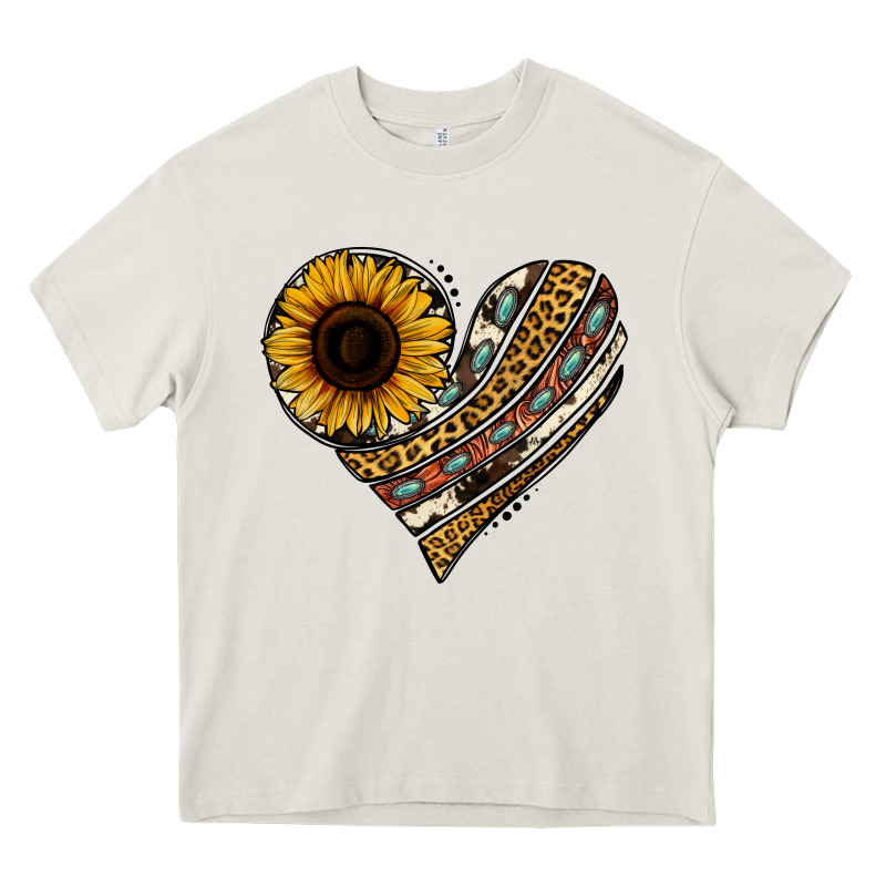 Western Sunflower Leopard Cowhide Heart Heavy Core Tee by Jasminsmagicworld | Teevron