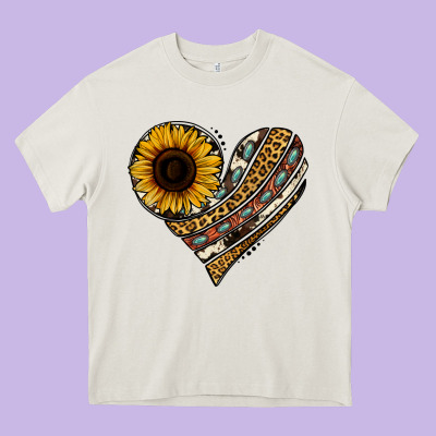 Western Sunflower Leopard Cowhide Heart Heavy Core Tee Designed By Jasminsmagicworld