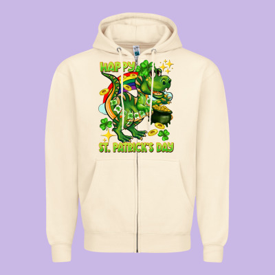 Happy St. Patrick's Day T-rex Zipper Hoodie Designed By Cowgirlartshop