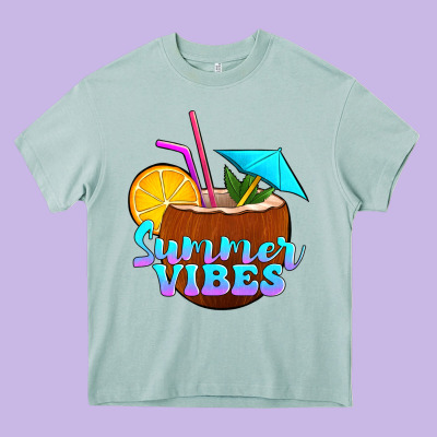 Summer Vibes Coconut Drink Heavy Core Tee Designed By Jasminsmagicworld