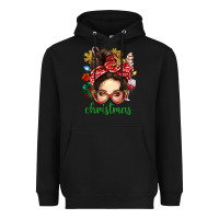 Black Christmas Messy Bun With Gingerbread Man Heavyweight Hoodie - BundleAndBundleShop