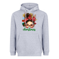 Heather Grey Christmas Messy Bun With Gingerbread Man Heavyweight Hoodie - BundleAndBundleShop
