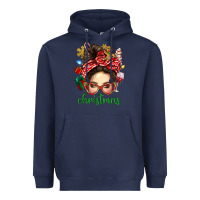 Navy Christmas Messy Bun With Gingerbread Man Heavyweight Hoodie - BundleAndBundleShop