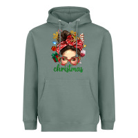 Sage Christmas Messy Bun With Gingerbread Man Heavyweight Hoodie - BundleAndBundleShop