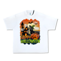 White Happy Halloween With Black Cat Urban Heavy Tee - LillyAllenDesigns