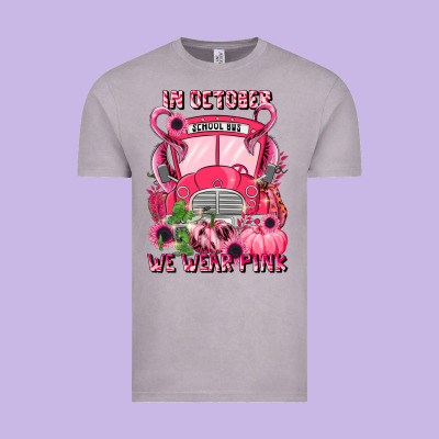 In October We Wear Pink Halloween School Bus Vintage Tee Designed By Lillyallendesigns