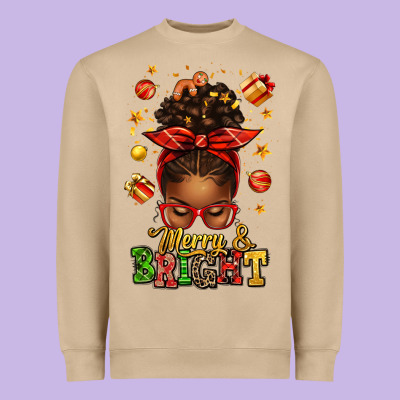 Merry And Bright Christmas Afro Messy Bun Heavyweight Sweatshirt Designed By Texasbilliewilder