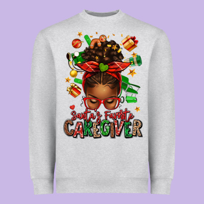 Santas Favorite Caregiver Afro Messy Bun Heavyweight Sweatshirt Designed By Texasbilliewilder