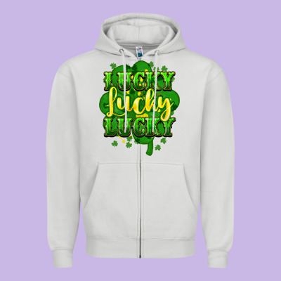 Lucky Lucky Lucky Clover St. Patrick's Zipper Hoodie Designed By Howdyjamesfarm