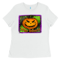 White happy halloween jack o' lantern pumpkin Ladies Tee - Jasminsmagicworld