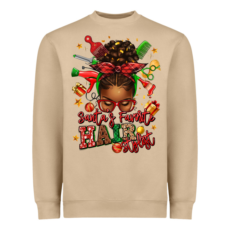 Santas Favorite Hair Stylist Afro Messy Bun Heavyweight Sweatshirt by texasbilliewilder | Teevron