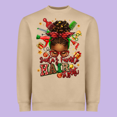 Santas Favorite Hair Stylist Afro Messy Bun Heavyweight Sweatshirt Designed By Texasbilliewilder