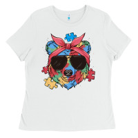White autism awareness bear Ladies Tee - MaliasSmallBusiness
