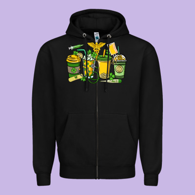 St. Patrick's Day Nurse Coffee Cups Zipper Hoodie Designed By Howdyjamesfarm