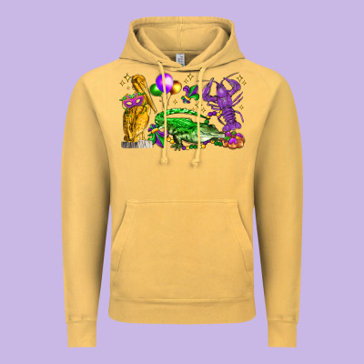 Mardi Gras Pelican Alligator And Crawfish Vintage Hoodie Designed By Lillyallendesigns