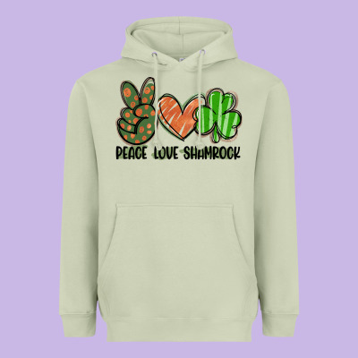 Peace Love Shamrock Heavyweight Hoodie Designed By Fadigitalartstudio