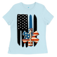 Baby Blue ems american flag Ladies Tee - MaliasSmallBusiness