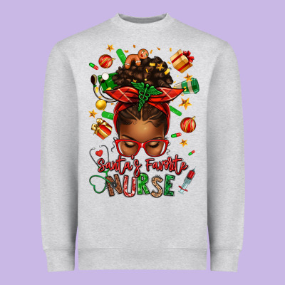 Santa's Favorite Nurse Afro Messy Bun Heavyweight Sweatshirt Designed By Texasbilliewilder