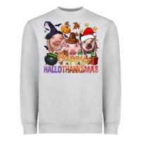 Heather Grey Happy Hallothanksmas Pigs Heavyweight Sweatshirt - NancyCooperArtShop