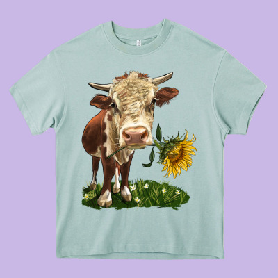 Hereford Heifer With Sunflower Heavy Core Tee Designed By Lillyallendesigns