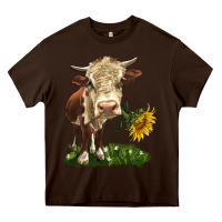 Chocolate Brown hereford heifer with sunflower Heavy Core Tee - LillyAllenDesigns