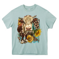 Arona Hereford heifer with sunflower and leopard Heavy Core Tee - LillyAllenDesigns