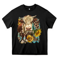 Black Hereford heifer with sunflower and leopard Heavy Core Tee - LillyAllenDesigns
