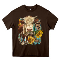 Chocolate Brown Hereford heifer with sunflower and leopard Heavy Core Tee - LillyAllenDesigns