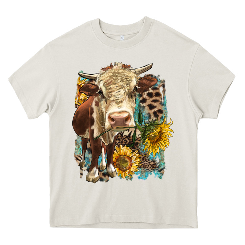 Hereford Heifer With Sunflower And Leopard Heavy Core Tee by LillyAllenDesigns | Teevron