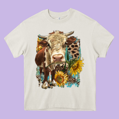 Hereford Heifer With Sunflower And Leopard Heavy Core Tee Designed By Lillyallendesigns