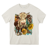 Cream Hereford heifer with sunflower and leopard Heavy Core Tee - LillyAllenDesigns