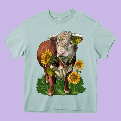 Hereford Bull With Sunflowers Heavy Core Tee Designed By Lillyallendesigns