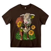 Chocolate Brown hereford bull with sunflowers Heavy Core Tee - LillyAllenDesigns
