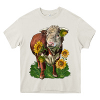 Cream hereford bull with sunflowers Heavy Core Tee - LillyAllenDesigns