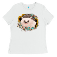 White hedgehog with sunflowers and leopard Ladies Tee - Jasminsmagicworld