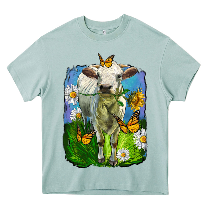 Charolais Heifer With Sunflower And Daisies Heavy Core Tee by LillyAllenDesigns | Teevron