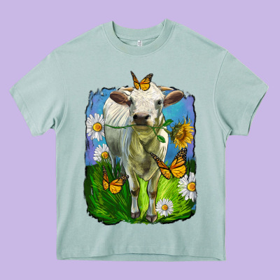 Charolais Heifer With Sunflower And Daisies Heavy Core Tee Designed By Lillyallendesigns