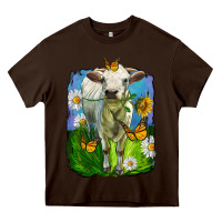 Chocolate Brown charolais heifer with sunflower and daisies Heavy Core Tee - LillyAllenDesigns