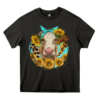 Asphalt simmental heifer with sunflowers and leopard Heavy Core Tee - LillyAllenDesigns
