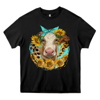 Black simmental heifer with sunflowers and leopard Heavy Core Tee - LillyAllenDesigns
