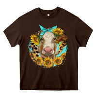 Chocolate Brown simmental heifer with sunflowers and leopard Heavy Core Tee - LillyAllenDesigns