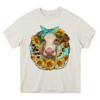 Cream simmental heifer with sunflowers and leopard Heavy Core Tee - LillyAllenDesigns